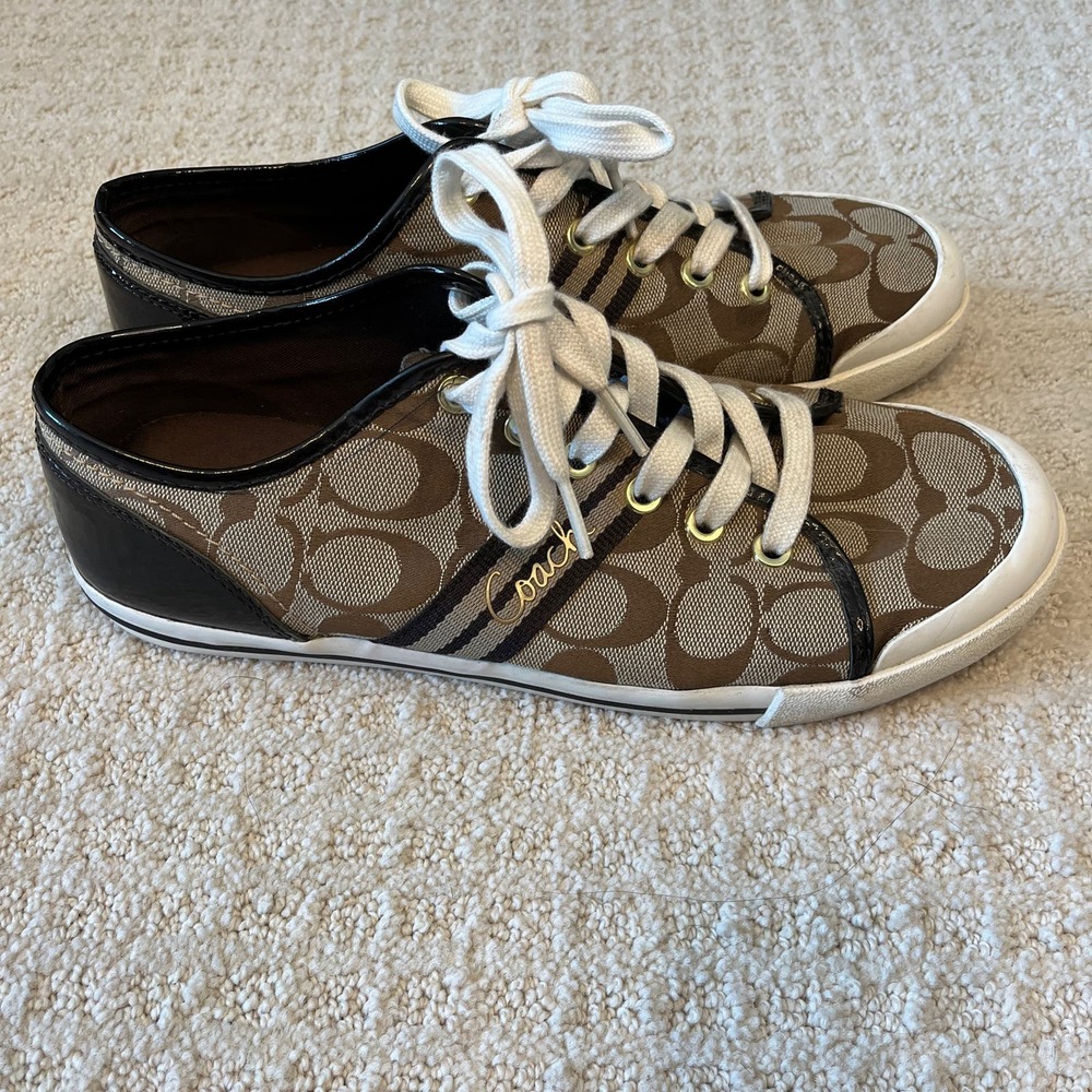 Coach Brown Signature Canvas Low-Top Sneakers with Black Trim - Picture 3 of 8